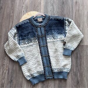 Dale of Norway Nordic blue fair isle print wool clasp front cardigan sweater